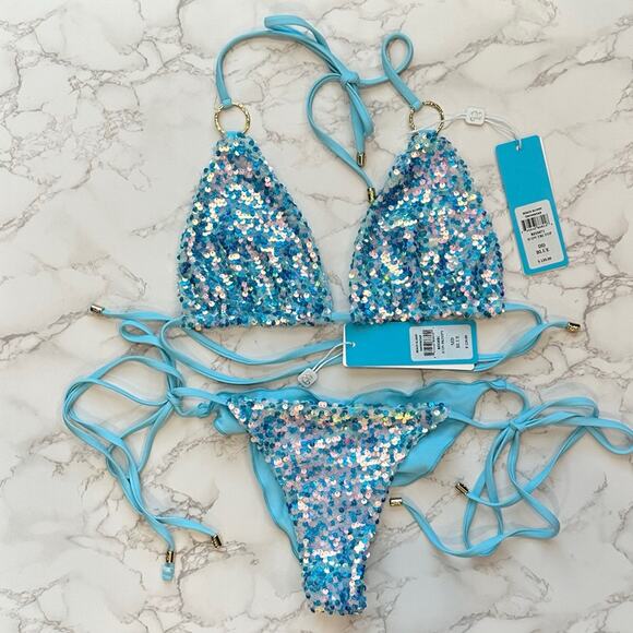 Beach Bunny Blue Icon Triangle Top & Icon Tie Side Skimpy Bottom $250 - Picture 10 of 12